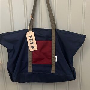 🔥 FEED Project Navy and Red Duffel Bag New! Tote Travel Recycled